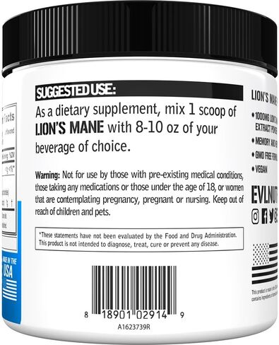 مكمل فطر عرف الأسد العضوي من Evlution - مكمل دعم الدماغ من مسحوق فطر عرف الأسد منشط الذهن للتركيز ووضوح الذاكرة ودعم المناعة والتغذية. in Kuwait