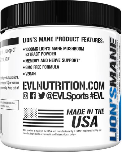 مكمل فطر عرف الأسد العضوي من Evlution - مكمل دعم الدماغ من مسحوق فطر عرف الأسد منشط الذهن للتركيز ووضوح الذاكرة ودعم المناعة والتغذية. in Kuwait