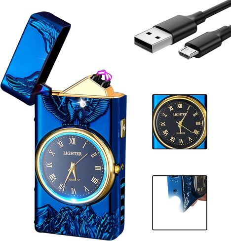 ولاعة ساعة RSBYE، ولاعة كهربائية، ولاعة بلازما مزدوجة القوس، ولاعة USB قابلة لإعادة الشحن مع شاشة عرض البطارية، ولاعة رائعة مع ساعة ومصباح يدوي، هدية فريدة للرجال والنساء (أزرق نسر) in Saudi Arabia
