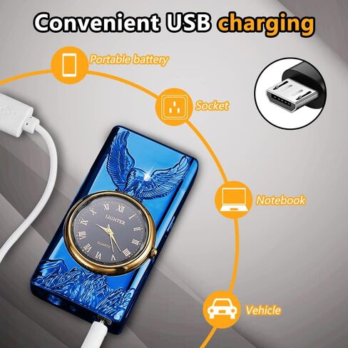 ولاعة ساعة RSBYE، ولاعة كهربائية، ولاعة بلازما مزدوجة القوس، ولاعة USB قابلة لإعادة الشحن مع شاشة عرض البطارية، ولاعة رائعة مع ساعة ومصباح يدوي، هدية فريدة للرجال والنساء (أزرق نسر) in Saudi Arabia