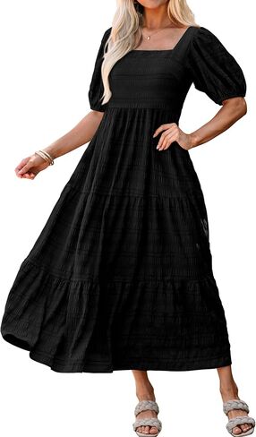PRETTYGARDEN Women's Summer Dresses 2026 Puff Sleeve Square Neck High Waist Smocked A-Line Flowy Loose Fit Midi Dress in Kuwait