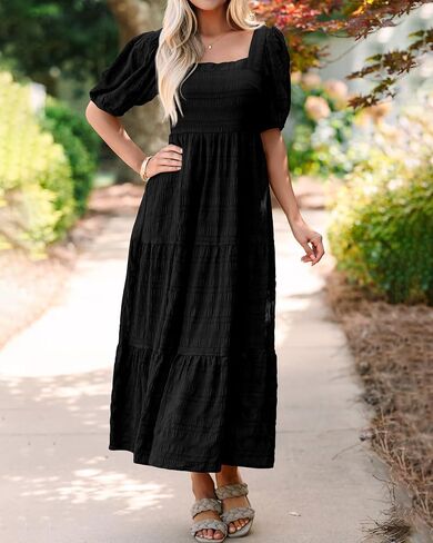 PRETTYGARDEN Women's Summer Dresses 2026 Puff Sleeve Square Neck High Waist Smocked A-Line Flowy Loose Fit Midi Dress in Kuwait
