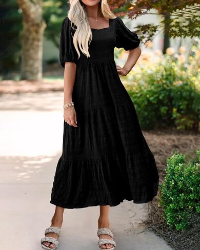 PRETTYGARDEN Women's Summer Dresses 2026 Puff Sleeve Square Neck High Waist Smocked A-Line Flowy Loose Fit Midi Dress in Kuwait