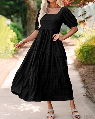 PRETTYGARDEN Women's Summer Dresses 2026 Puff Sleeve Square Neck High Waist Smocked A-Line Flowy Loose Fit Midi Dress in Kuwait
