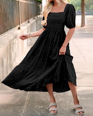 PRETTYGARDEN Women's Summer Dresses 2026 Puff Sleeve Square Neck High Waist Smocked A-Line Flowy Loose Fit Midi Dress in Kuwait