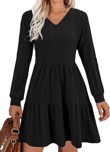 فستان سترة ABYOXI للنساء بياقة على شكل V وأكمام طويلة متدرجة فضفاضة بيبي دول للأمهات بطول الركبة فساتين خريف وشتاء 2024 in Kuwait