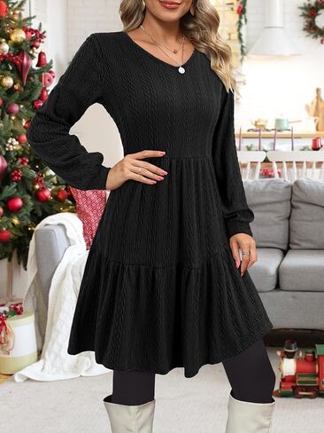 فستان سترة ABYOXI للنساء بياقة على شكل V وأكمام طويلة متدرجة فضفاضة بيبي دول للأمهات بطول الركبة فساتين خريف وشتاء 2024 in Kuwait