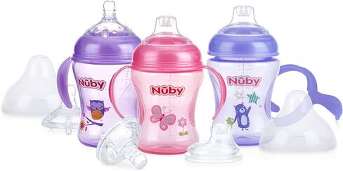 Nuby 3 Piece Natural Touch 3 Stage Wide Neck Breast Size Bottle-to-Cup, Girl in Saudi Arabia