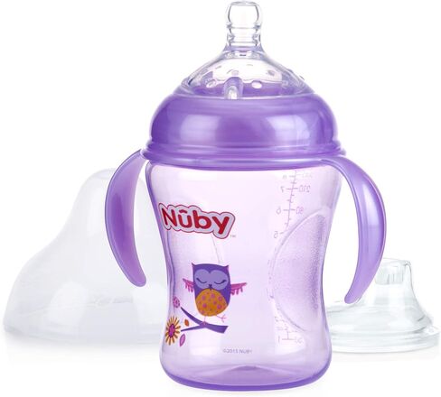 Nuby 3 Piece Natural Touch 3 Stage Wide Neck Breast Size Bottle-to-Cup, Girl in Saudi Arabia