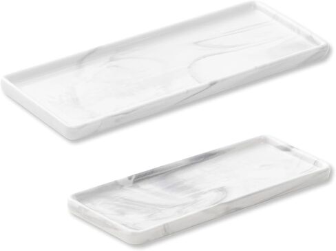 صينية حمام Oyydecor للعداد، 6 بوصات + 10 بوصات صينية حوض سيراميك مستطيلة للنظارات والمفاتيح والخواتم ديكور المنزل، مجموعتان من صينية توزيع صابون حوض المطبخ (رخام) in Kuwait