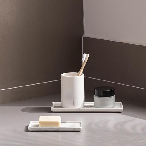 صينية حمام Oyydecor للعداد، 6 بوصات + 10 بوصات صينية حوض سيراميك مستطيلة للنظارات والمفاتيح والخواتم ديكور المنزل، مجموعتان من صينية توزيع صابون حوض المطبخ (رخام) in Kuwait