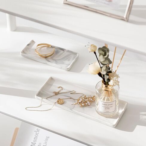 صينية حمام Oyydecor للعداد، 6 بوصات + 10 بوصات صينية حوض سيراميك مستطيلة للنظارات والمفاتيح والخواتم ديكور المنزل، مجموعتان من صينية توزيع صابون حوض المطبخ (رخام) in Kuwait