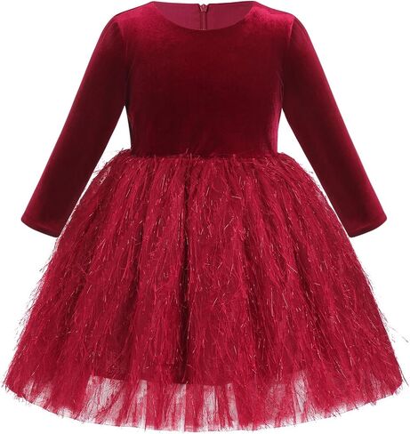 IDOPIP Shiny Velvet Dress for Toddler Baby Girls Fall Winter Long Sleeve Christmas Birthday Party Bowknot Tutu Dress Clothes in Kuwait