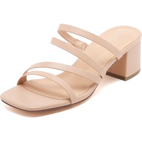 vodvob Women's Square Open Toe Heeled Sandals, Slip On Block Mid Heel Slippers, Strappy Backless Summer Dress Slide
