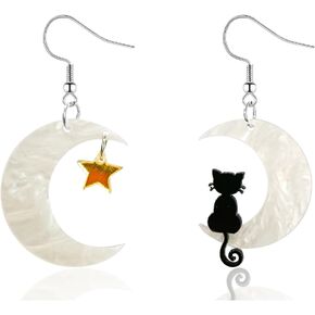 Moon Star Cat Halloween Earrings for Women Girls Acrylic Halloween Theme Earrings Black Cat on the Moon Earrings for Halloween Jewelry Accessories