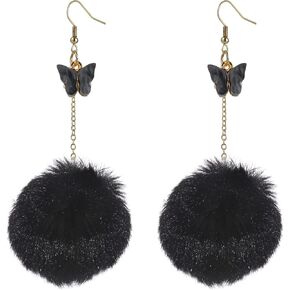 Pom Pom Earrings Pink Pom Pom with Butterfly Dangle Earrings Faux Fur Ball Fluffy Earrings For Women Girls Teens