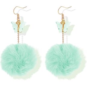 Pom Pom Earrings Pink Pom Pom with Butterfly Dangle Earrings Faux Fur Ball Fluffy Earrings For Women Girls Teens