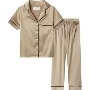 Mud Kingdom Little Girl Satin Silk Pajamas Set Short Sleeve Button Down 2 Piece Summer Loungewear