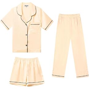Jxstar Satin Pajamas Set Girls Boys, Silk Button-Down PJS 3 pcs Kids Solid Lounge Sets Sleepwear
