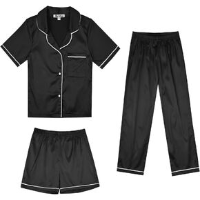 Jxstar Satin Pajamas Set Girls Boys, Silk Button-Down PJS 3 pcs Kids Solid Lounge Sets Sleepwear