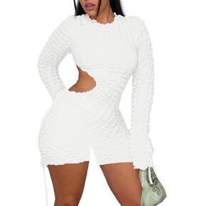 Tinodu Women's Sexy Cutout Flare Long Sleeve Drawstring Ruched Bodycon Romper Party Club Night Out Jumpsuit in Kuwait