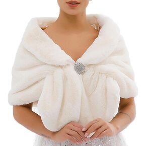Nicute Bride Wedding Fur Shawls Winter Faux Fur Scarves Bridal Fur Stole with Rhinestone Brooch for Women and Girls