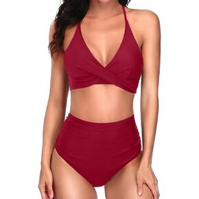 Yonique Women Two Piece High Waisted Bikini Set Halter Swimsuit Twist Front Bathing Suit with Tummy Control Bottoms