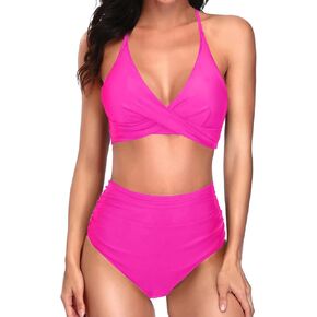 Yonique Women Two Piece High Waisted Bikini Set Halter Swimsuit Twist Front Bathing Suit with Tummy Control Bottoms