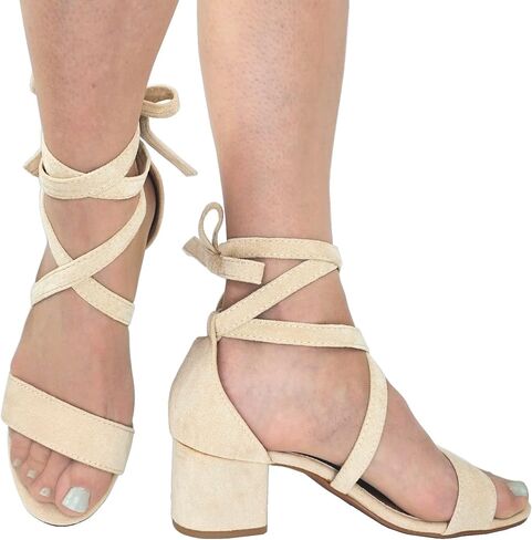 TruFox Women's Strappy Low Block Heels, Tie Up Open Toe Sandals | Lace-Up Heels, Wrap-Around Design, Cushioned Insole for All-Day Comfort - Great for Parties & Weddings in Kuwait