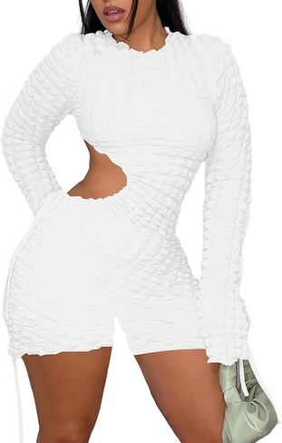 Tinodu Women's Sexy Cutout Flare Long Sleeve Drawstring Ruched Bodycon Romper Party Club Night Out Jumpsuit in Kuwait