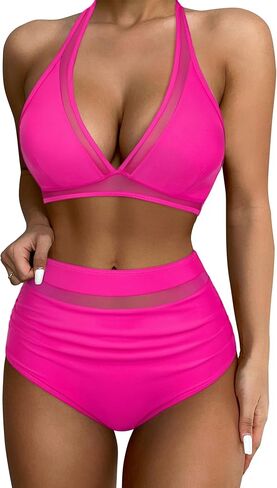 SUUKSESS Women Sexy High Waist Bikini Sets Mesh Tummy Control 2 Piece Swimsuits in Kuwait
