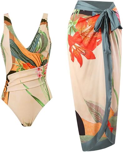 Women One Piece Swimsuit with Matching Cover Ups Floral Sexy Bikini Sets High Cut Push Up Two Pieces Bathing Suit in Kuwait