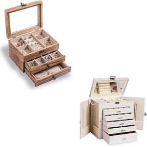 Frebeauty Large Clear Lid Jewelry Box Bundle:Multi-functional with 5 Drawers (White) and 3 Layers Wooden Jewelry Box for Rings Earrings Necklace Bracelets for Women Girls in Kuwait