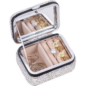Bling Jewelry Organizer Heart Jewelry Storage Case Shining Box Earrings Holder for Women 2-Layer Travel Jewelry Tray Case with White Rhinestones Lid Mirror for Jewelry Rings Necklace Bracelets in Saudi Arabia