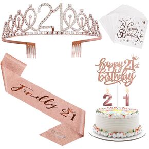 21st Birthday Decorations for Women, 21st Birthday Crown and Sash, Cake Topper, Birthday Candles, Napkins Sett, Happy 21st Birthday Decorations for Her (Rose Gold) in Saudi Arabia