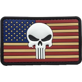 USA Punisher Skull American Flag U.S. PVC Rubber Morale Patch (3.25 inches Wide) Red White Blue - Sewn Edges - Hooked Backing