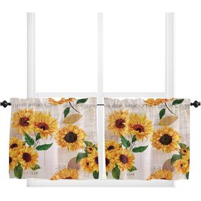 Sunflower Window Tier Curtain 24 Inches Long Set of 2 Panels, Farmhouse Half Windows Rod Pocket Kitchen Curtains Floral Rustic Newspaper Small Kitchen Drapes for Bathroom Cafe 55''x24'' in Kuwait