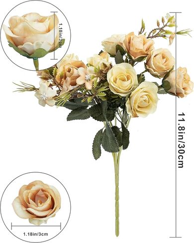 ZLEVEAYN 5 فرع 10 رؤوس زهور صناعية ورود صغيرة مع باقة أوراق لعيد الحب لتزيين المطبخ ومكتب الزفاف (عبوتان، أزرق) in Kuwait