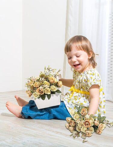 ZLEVEAYN 5 فرع 10 رؤوس زهور صناعية ورود صغيرة مع باقة أوراق لعيد الحب لتزيين المطبخ ومكتب الزفاف (عبوتان، أزرق) in Kuwait