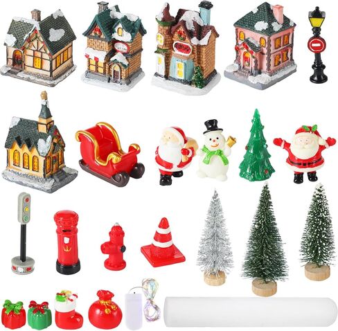 Soaoo 25 Pcs Light up Christmas Village Set Miniature LED Lighted Xmas Village Houses Holiday Village Collection Kit Winter Village Buildings Town Accessory Table Ornaments Desktop Decor in Saudi Arabia