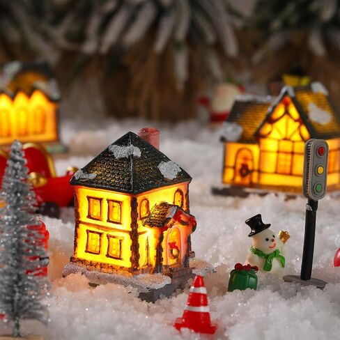 Soaoo 25 Pcs Light up Christmas Village Set Miniature LED Lighted Xmas Village Houses Holiday Village Collection Kit Winter Village Buildings Town Accessory Table Ornaments Desktop Decor in Saudi Arabia
