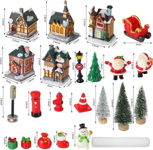 Soaoo 25 Pcs Light up Christmas Village Set Miniature LED Lighted Xmas Village Houses Holiday Village Collection Kit Winter Village Buildings Town Accessory Table Ornaments Desktop Decor in Saudi Arabia