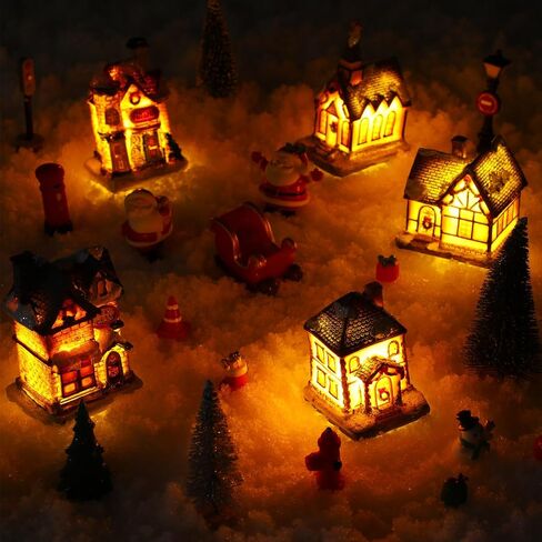Soaoo 25 Pcs Light up Christmas Village Set Miniature LED Lighted Xmas Village Houses Holiday Village Collection Kit Winter Village Buildings Town Accessory Table Ornaments Desktop Decor in Saudi Arabia