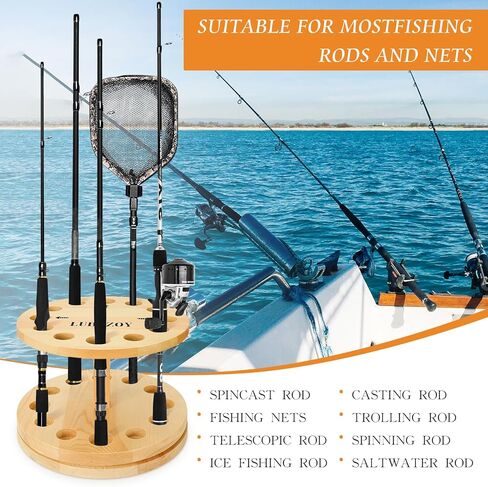 LUBZZOY Fishing Rod Holders for Garage,360 Degree Rotating Vertical Fishing Pole Rack,Vertical Fishing Pole Holders Wooden Round Storage Floor Stand, Fishing Rod Pole Rack Fishing Pole Organizer in Kuwait