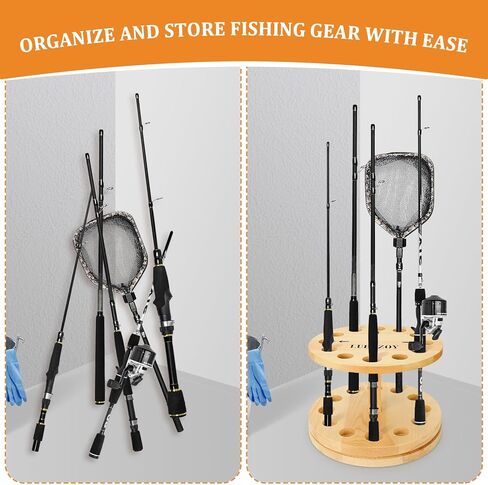 LUBZZOY Fishing Rod Holders for Garage,360 Degree Rotating Vertical Fishing Pole Rack,Vertical Fishing Pole Holders Wooden Round Storage Floor Stand, Fishing Rod Pole Rack Fishing Pole Organizer in Kuwait