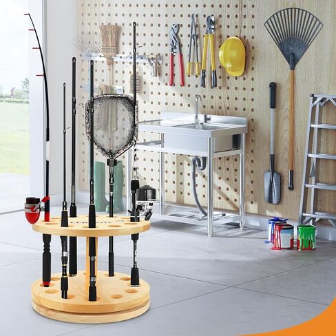 LUBZZOY Fishing Rod Holders for Garage,360 Degree Rotating Vertical Fishing Pole Rack,Vertical Fishing Pole Holders Wooden Round Storage Floor Stand, Fishing Rod Pole Rack Fishing Pole Organizer in Kuwait