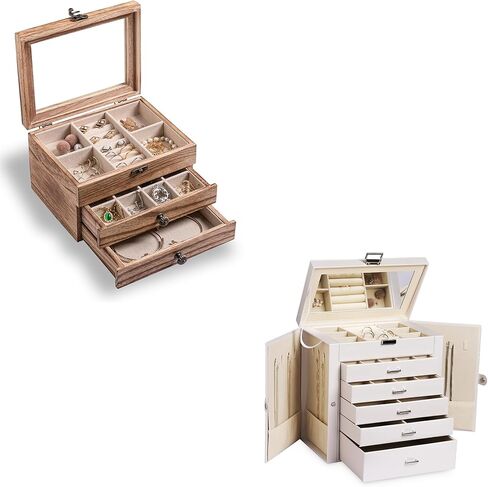 Frebeauty Large Clear Lid Jewelry Box Bundle:Multi-functional with 5 Drawers (White) and 3 Layers Wooden Jewelry Box for Rings Earrings Necklace Bracelets for Women Girls in Kuwait