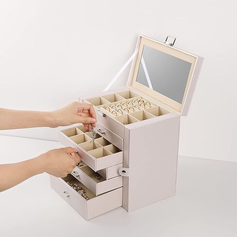 Frebeauty Large Clear Lid Jewelry Box Bundle:Multi-functional with 5 Drawers (White) and 3 Layers Wooden Jewelry Box for Rings Earrings Necklace Bracelets for Women Girls in Kuwait