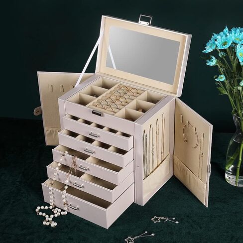 Frebeauty Large Clear Lid Jewelry Box Bundle:Multi-functional with 5 Drawers (White) and 3 Layers Wooden Jewelry Box for Rings Earrings Necklace Bracelets for Women Girls in Kuwait
