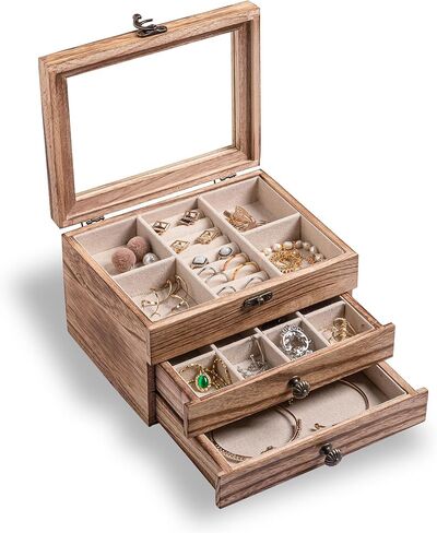 Frebeauty Large Clear Lid Jewelry Box Bundle:Multi-functional with 5 Drawers (White) and 3 Layers Wooden Jewelry Box for Rings Earrings Necklace Bracelets for Women Girls in Kuwait
